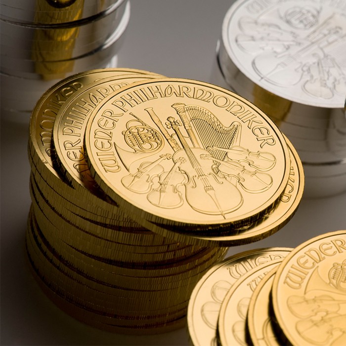 Stapel Philharmoniker Münzen in Gold