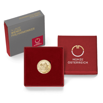 Packshot rotes Etui 1/4 Unze Gold Wiener Philharmoniker