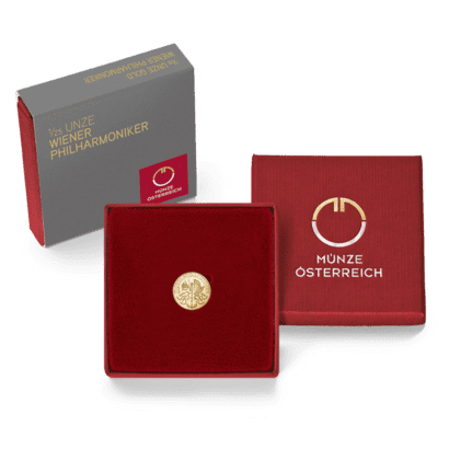 Packshot rotes Etui 1/25 Unze Gold Wiener Philharmoniker