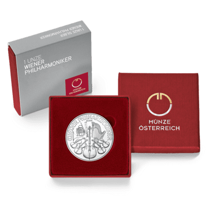 Packshot rotes Etui 1 Unze Silber Wiener Philharmoniker