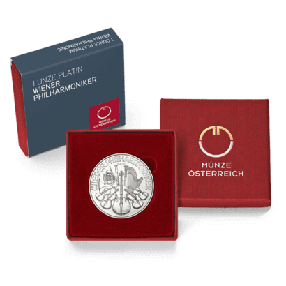 Packshot rotes Etui 1 Unze Platin Wiener Philharmoniker