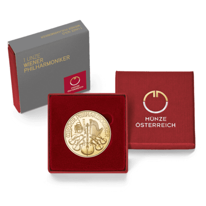 Packshot rotes Etui 1 Unze Gold Wiener Philharmoniker