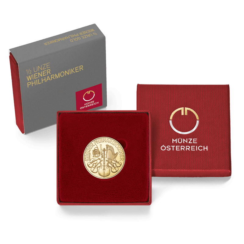 Packshot rotes Etui 1/2 Unze Gold Wiener Philharmoniker