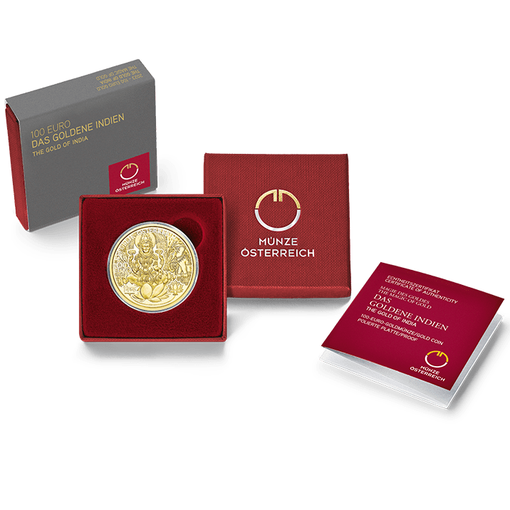 2023 100-Euro Goldmünze Das goldene Indien Etui-Verpackung