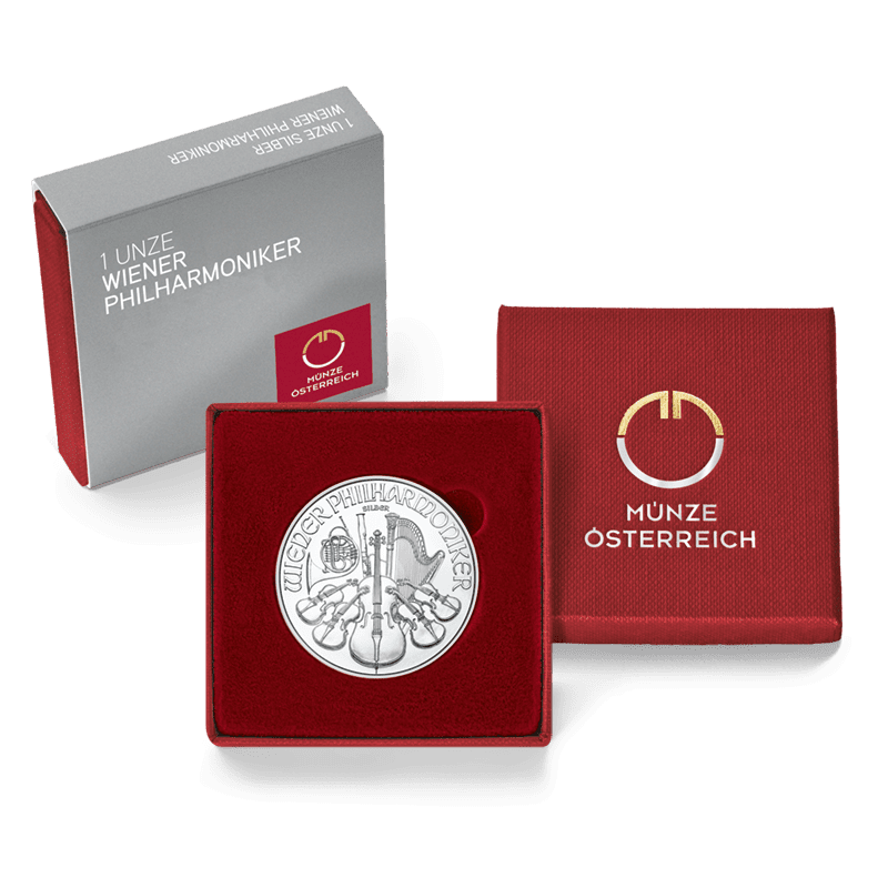 Packshot rotes Etui 1 Unze Silber Wiener Philharmoniker