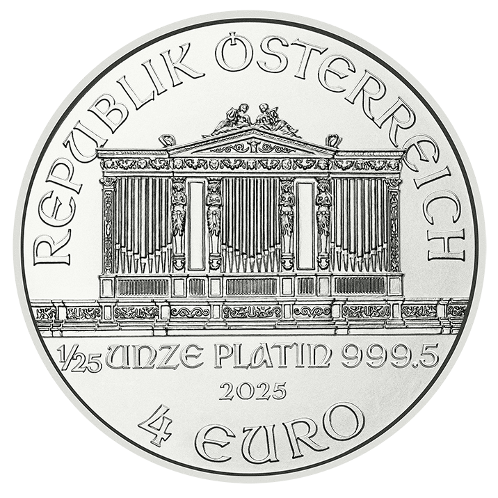 1/25 Unze Platin Wiener Philharmoniker Wertseite