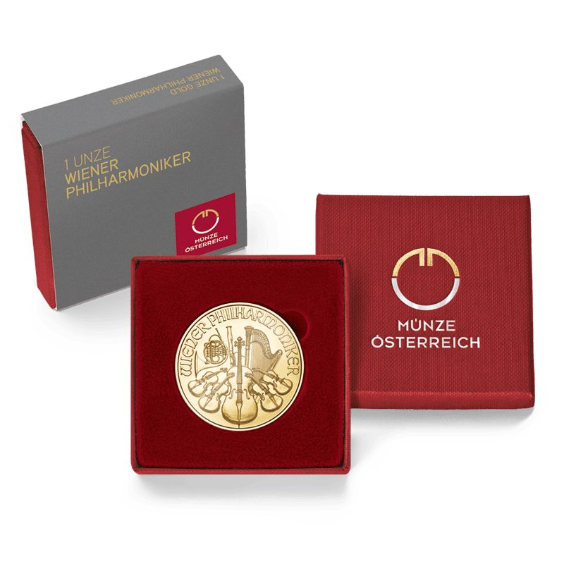 Packshot rotes Etui 1 Unze Gold Wiener Philharmoniker