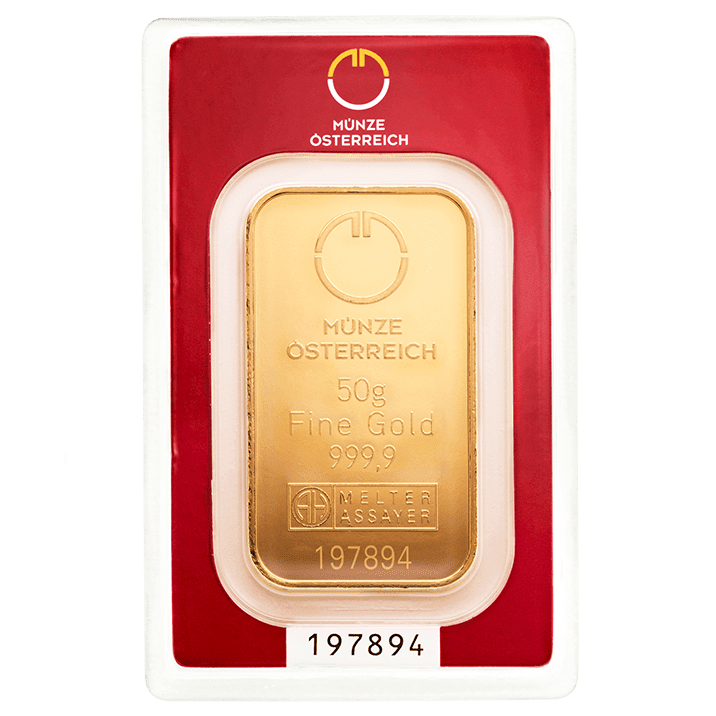 50 gramme gold bar in blisterpack