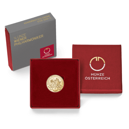 Packshot rotes Etui 1/4 Unze Gold Wiener Philharmoniker