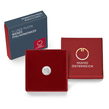 Packshot rotes Etui 1/25 Unze Platin Wiener Philharmoniker