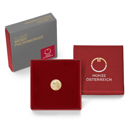 Packshot rotes Etui 1/25 Unze Gold Wiener Philharmoniker