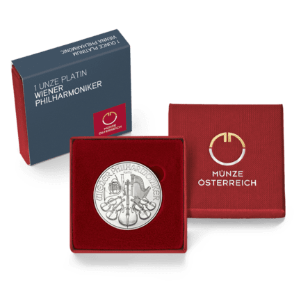 Packshot rotes Etui 1 Unze Platin Wiener Philharmoniker