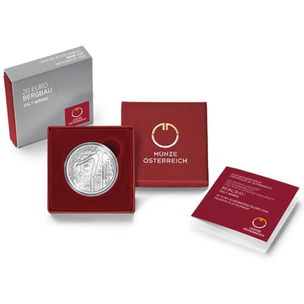 Abbildung 20-Euro Silbermünze Bergbau mit Etui und Echtheitszertifikat
