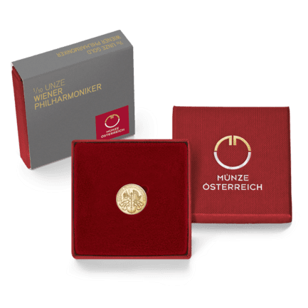 Packshot rotes Etui 1/10 Unze Gold Wiener Philharmoniker