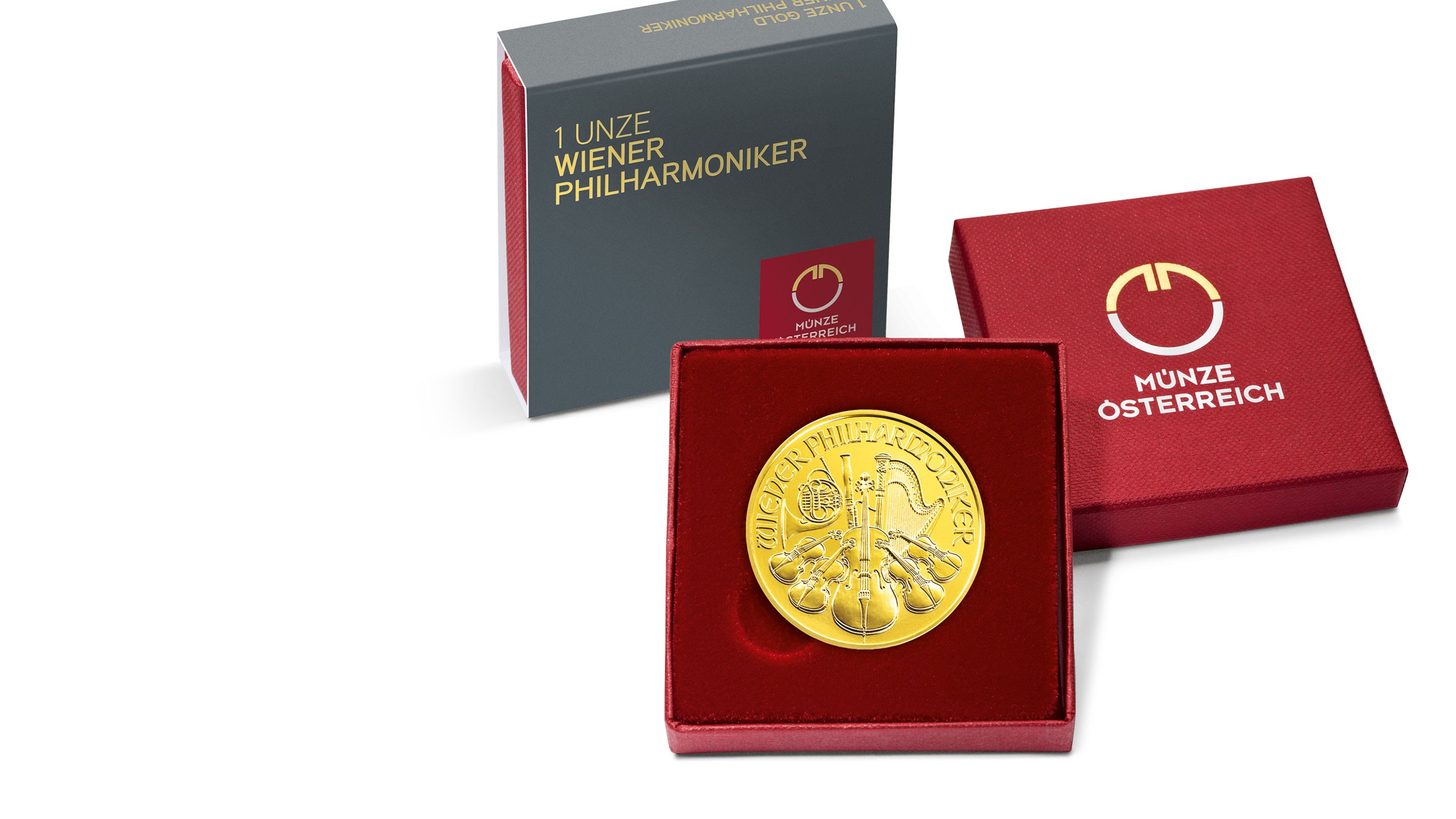 Vienna Philharmonic 1 ounce gold within packaging, open view
