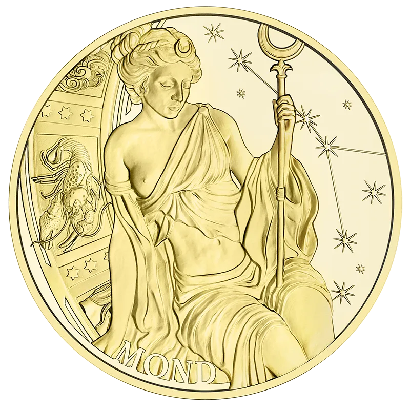 Kalendermedaille 2027 in Gold oder Silber vergoldet Avers zeigt eine Frau mit Mondsichel im Haar, die einen Stab hält, neben einem Krebs-Symbol und Sternen und Schriftzug 'Mond'