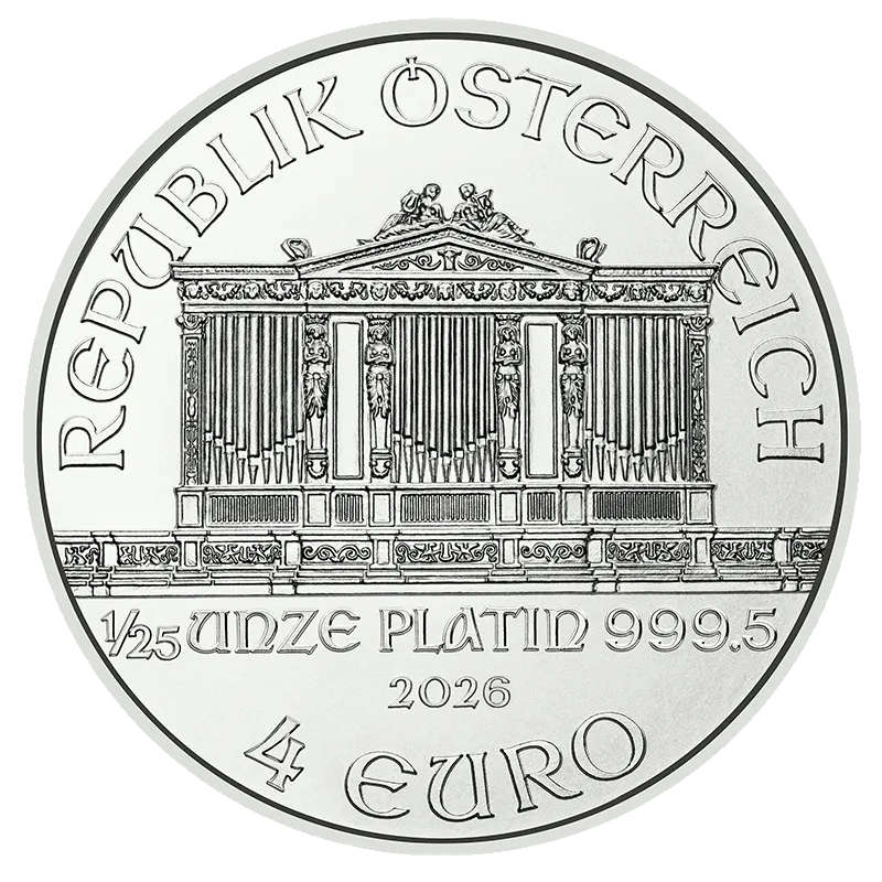 Platinmünze Avers-Seite mit Aufschrift 'Republik Österreich', 1/25 Unze Platin , Jahr 2026, 4 Euro. Abgebildet ist die große Orgel des Konzertsaals der Wiener Philharmoniker