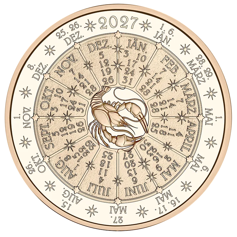 Kalendermedaille 2027 in Bronze Revers zeigt in der Mitte einen Krebs und ist kreisförmig mit einem Kalender und Monatsnamen beschriftet