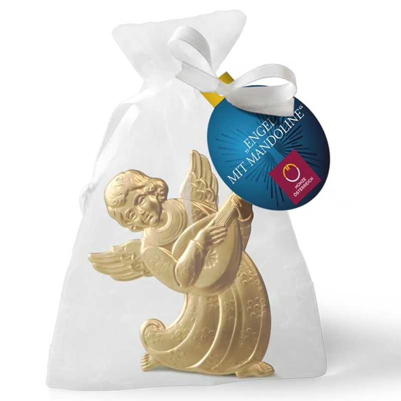 Engel-Anhänger Mandoline aus Messing im Säckchen verpackt mit Anhänger - Weihnachtsschmuck von Münze Österreich