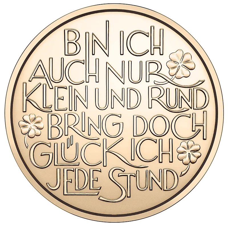 Glücksjeton 2027 in Bronze Revers mit der eingeprägten Inschrift „Bin ich auch nur klein und rund, bring doch Glück ich jede Stund“ und drei Kleeblättern