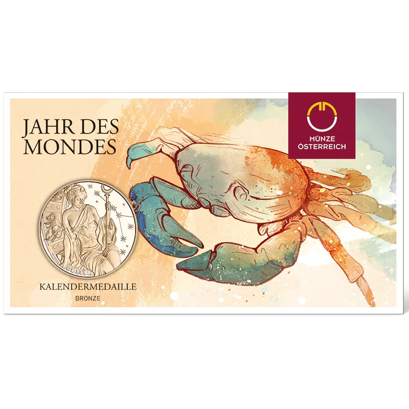Kalendermedaille 2027 in Bronze Avers zeigt eine Frau mit Mondsichel im Haar, die einen Stab hält, neben einem Krebs-Symbol und Sternen und Schriftzug 'Mond' im farbigen Blister mit Krebszeichnung verpackt und Schriftzug 'Jahr des Mondes'