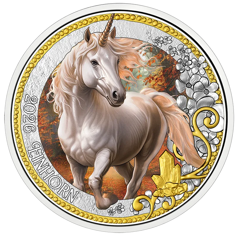 2026 3-Euromünze Das Einhorn Revers aus der Serie Fantastische Fabelwesen mit Farbdruck und Darstellung eines Einhorns und der Aufschrift 2026 Einhorn