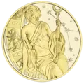 Kalendermedaille 2027 in Gold oder Silber vergoldet Avers zeigt eine Frau mit Mondsichel im Haar, die einen Stab hält, neben einem Krebs-Symbol und Sternen und Schriftzug 'Mond'